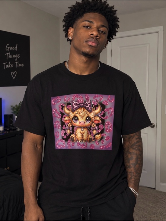 Tops - Black T-Shirt with Pink Glitter Cow Graphic